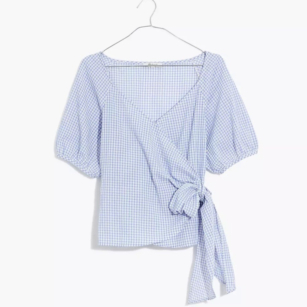 Gingham Seersucker Puff-Sleeve Wrap Top